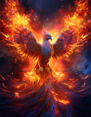 Fototapeta premium Generated Image of A phoenix rising from a bed of fire, wings engulfed in flame. Perfect focus on feather texture, swirling fire patterns, and light reflection.