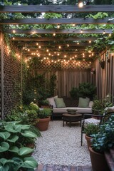 Cozy garden nook with string lights and lush greenery creates a tranquil evening retreat in an urban backyard