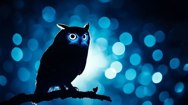 Silhouette owl perches on branch in night scenery featuring bokeh blue lights. - high quality Silhouette owl perches on branch in night scenery featur