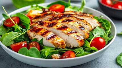 Sliced grilled chicken lies atop a salad with spinach and tomatoes in a white bowl.