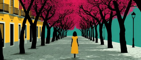 Obraz premium Woman in Yellow Dress Strolling Through Vibrant Cherry Blossom Avenue Illustration