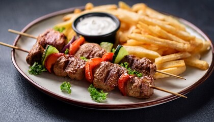 delicious grilled meat skewers served with fresh vegetables crispy fries and creamy dipping sauce create satisfying meal experience