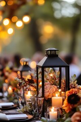 Elegant outdoor dinner table adorned with flowers and lanterns during sunset, creating a warm and inviting atmosphere for evening gatherings