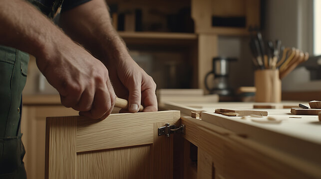 Carpenter Assembling Wooden Furniture in a Workshop