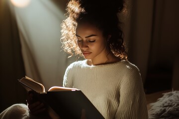 Woman reading a book in a cozy setting with warm light highlighting her face during the evening hours