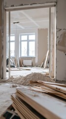Construction work highlights renovation process in empty room with debris and stacked materials during daylight hours