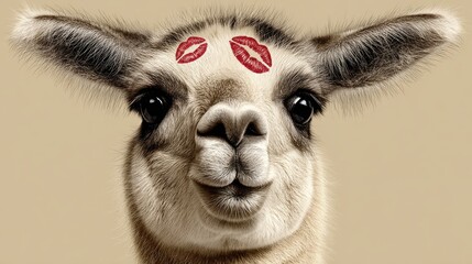 Cute Llama with Lipstick Kisses on Forehead - Playful Animal Photography