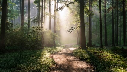 Naklejka premium misty forest path sunlight dappled nature tranquility background design