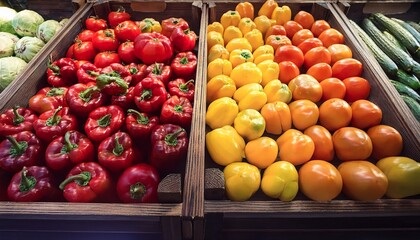 a vibrant display of fresh vegetables and fruits featuring red and yellow bell peppers tomatoes cucumbers and oranges in wooden crates
