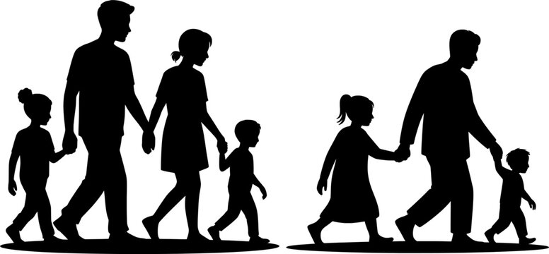 Silhouette of a refugee family walking in unity with bold black outlines on a white background, symbolizing resilience, hope, and togetherness in a minimal icon-style illustration