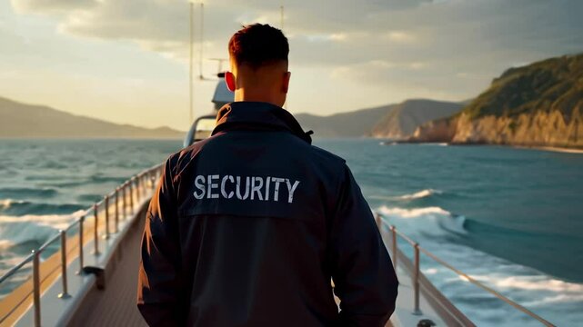 Private maritime security professional on luxury yacht deck at sunset providing elite protection and surveillance.