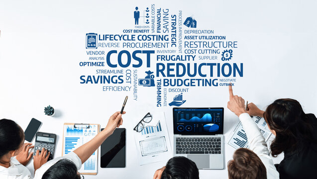 Explore effective cost reduction strategies in business with visuals of budgeting, savings, efficiency, and management practices, enhancing financial performance and collaboration. Amity