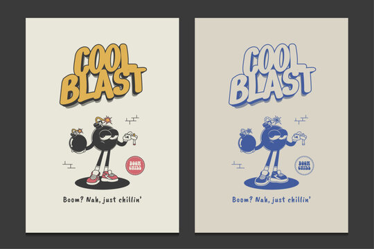 retro poster or graphic t-shirt design with a cartoon bomb character in chill vibes, vector illustration
