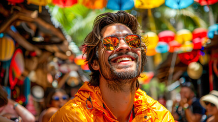 Smiling man in vibrant orange shirt enjoying festive atmosphere with colorful decorations