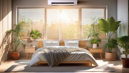 Fototapeta premium cozy sunlit bedroom with indoor plants and air conditioner by window blinds