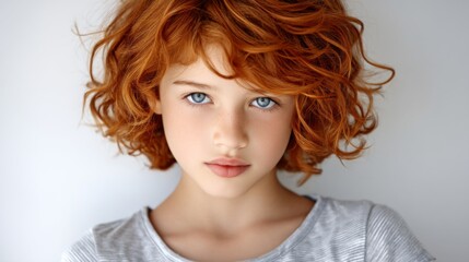 Fototapeta premium Close-up of a young woman with curly red hair and blue eyes looking directly at the camera