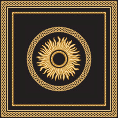 Vector scarf, bandana print from gold baroque sun, golden braided frame and border on a black background