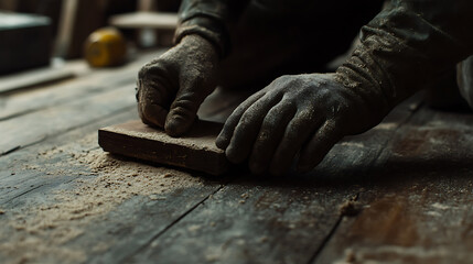 Close-up of Hands Sanding Wood in a Workshop