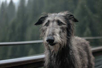 Fototapeta premium Grey dog stands near wooden railing under light rain in lush forest setting during overcast weather