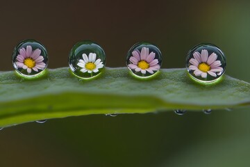 Stunning Macro Photography of Flowers in Water Droplets on a Leaf