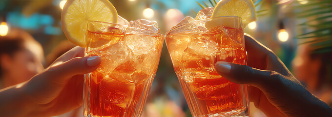 friends clinking glasses of iced cocktails, AI generated