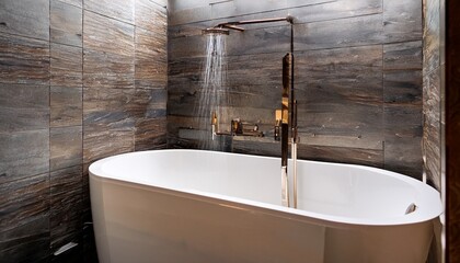 sleek soaking tub rainfall shower marble accents tile faucet water