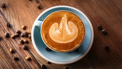 latte art in a cup on a wooden table