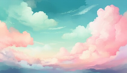 soft pastel watercolor sky background with fluffy clouds in delicate pink blue green tones creating calming and serene atmosphere dreamy imaginative scene evokes feelings of tranquility and peace