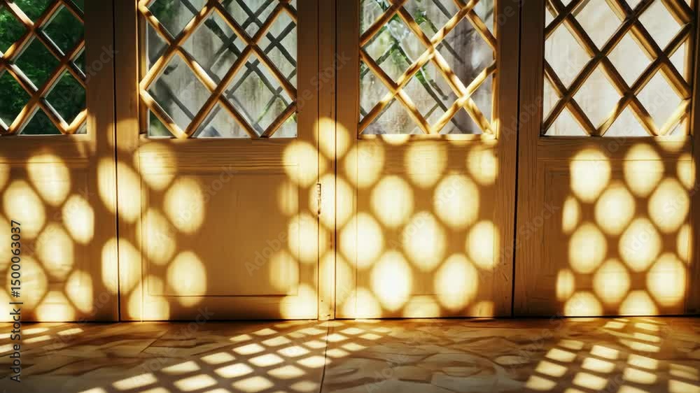Poster sunlight through lattice door casting shadows on floor, creating pattern and illuminating space