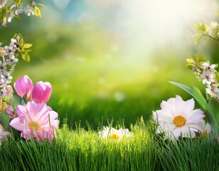 spring nature border with flowers and green grass