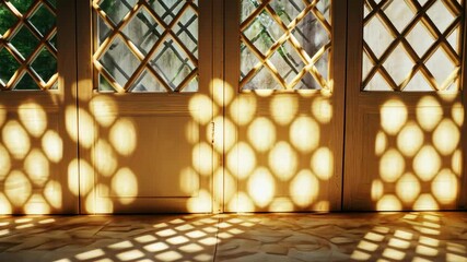 sunlight through lattice door casting shadows on floor, creating pattern and illuminating space - Powered by Adobe