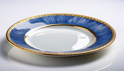 blue and white plate with gold trim on a white or clear surface white background