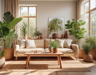 cozy living room featuring light brown wooden table potted plants and comfortable sofa natural light streams through large windows creating warm and inviting atmosphere