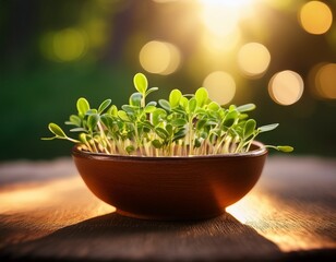 fresh green sprouts in brown bowl with soft bokeh background