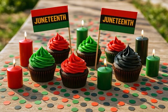 Colorful cupcakes with juneteenth flags and festive candles on a wooden table. concept of celebration, african american history, cultural festivity, patriotic display, holiday spirit