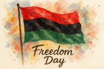 Watercolor juneteenth celebration art featuring pan-african flag with freedom day text. concept of african american heritage, cultural pride, historical commemoration.