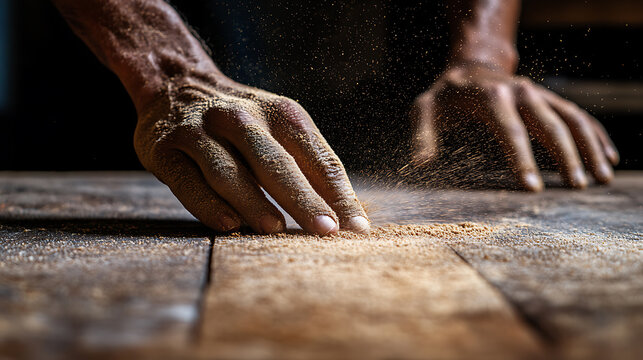 Hands of a Carpenter Working with Wood and Sawdust