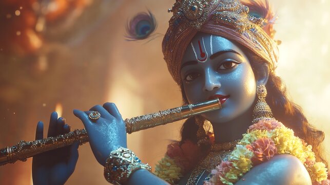 Captivating depiction of Lord Krishna playing the flute evoking devotion on transparent background