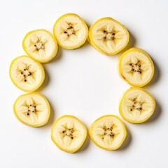 Banana slices arranged in circle on white background