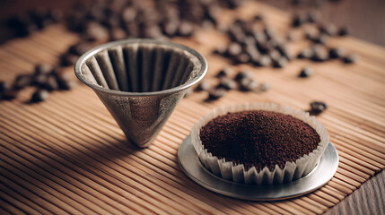 Traditional Cloth and Metal Coffee Filters with Fresh Ground Coffee and Scattered Beans on Bamboo Mat