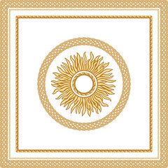 Scarf, bandana print from gold baroque sun, golden braided frame and border isolated on a transparent background