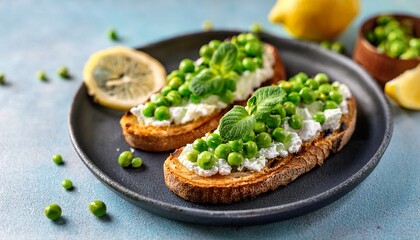 crunchy toasted sourdough slices topped with creamy ricotta cheese sweet spring peas and a drizzle of honey fresh mint leaves and lemon zest add a burst of color and freshness