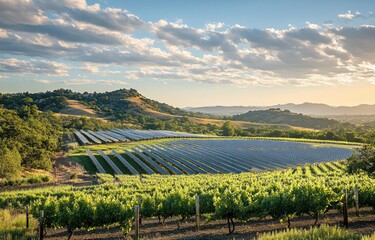 Solar panels on vineyard hillside at sunset