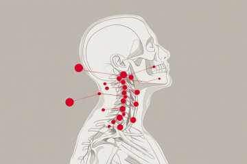 This educational diagram outlines cervical spine pain zones, pressure hotspots, and underlying causes like poor posture or whiplash. Ideal for clinics, physiotherapy practices, 