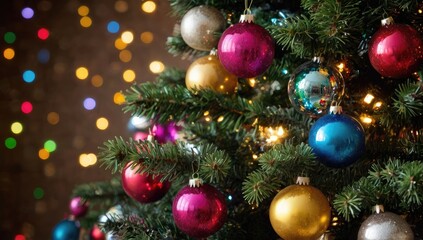 Obraz premium Decorated Christmas tree with twinkling lights and colorful ornaments