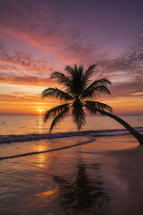 Obraz premium Spectacular Sunset Over Tropical Beach with Palm Tree Silhouette