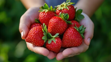A person is holding a bunch of red strawberries in their hand