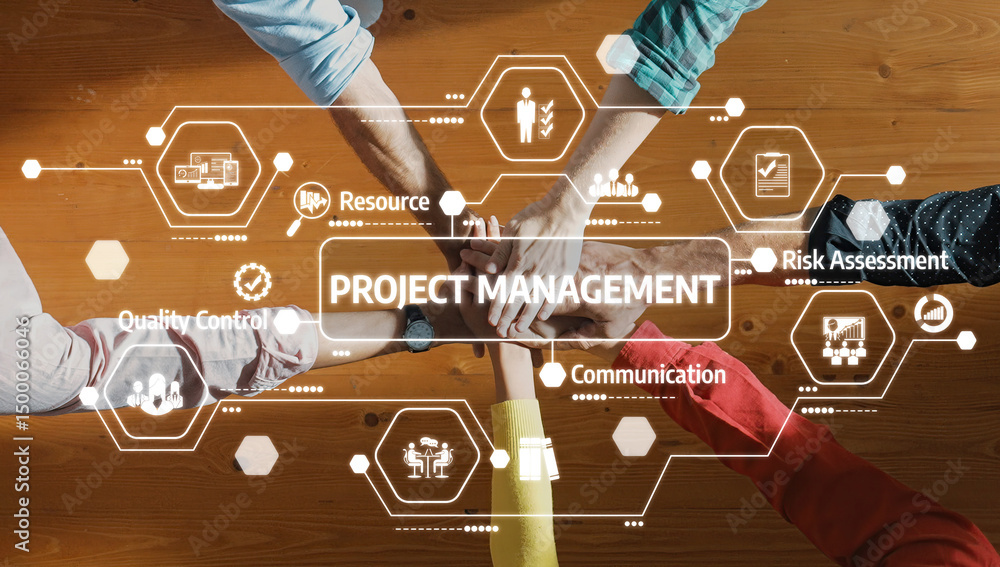 Poster hands of diverse individuals unite over a wooden table, symbolizing effective collaboration in proje
