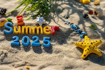Colorful summer 2025 decorations on sandy beach with seashells and starfish under sunlight