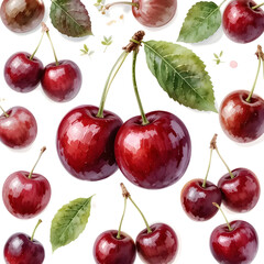 Sweet Cherries with Leaves Composition Isolated on White Background